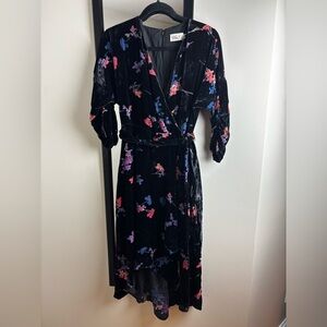 Eliza J Black Velvet Midi Wrap Dress with Pink & Blue Floral Print